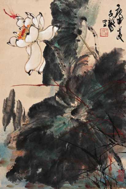 陈子毅 庚申（1980年）作 荷花蜻蜓图 立轴